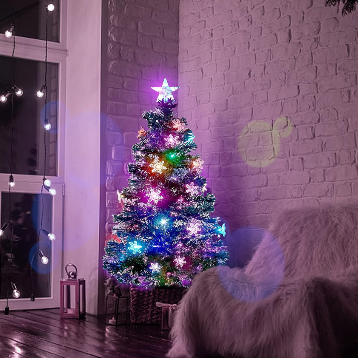Prsildan 3 FT Artificial Christmas Tree, Pre-Lit Optical Fiber Xmas Trees with Multicolor LED Lights, Snowflakes & Top Star, Lighted Christmas Tree Holiday Home Decor