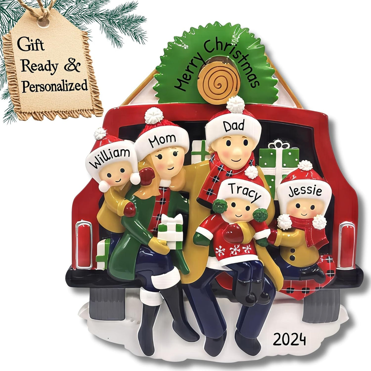 3D Red Truck Family of 5 Christmas Ornament 2025 Personalized Family Christmas Ornaments 2025 | Vintage Car Road Trip Presents Personalized Tree Ornaments Customizable Gifts in Pickup of Five Ornament