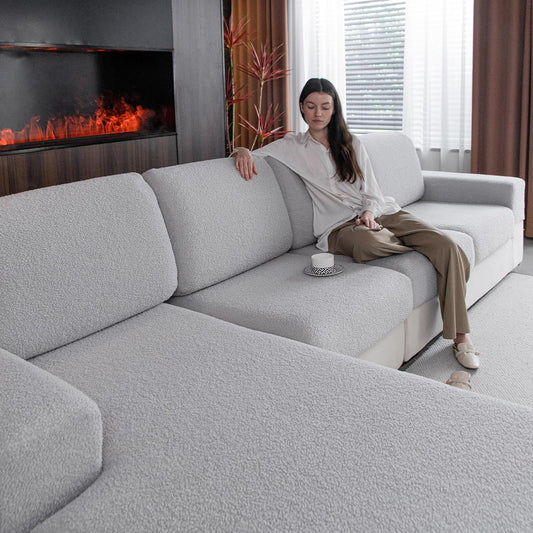 Couch Cushion Covers for Sectional Sofa, Stretch Soft Sofa Slipcovers Washable Wear-Resistant Universal Furniture Protector for Living Room(2 Seaters Covers, Light Gray)