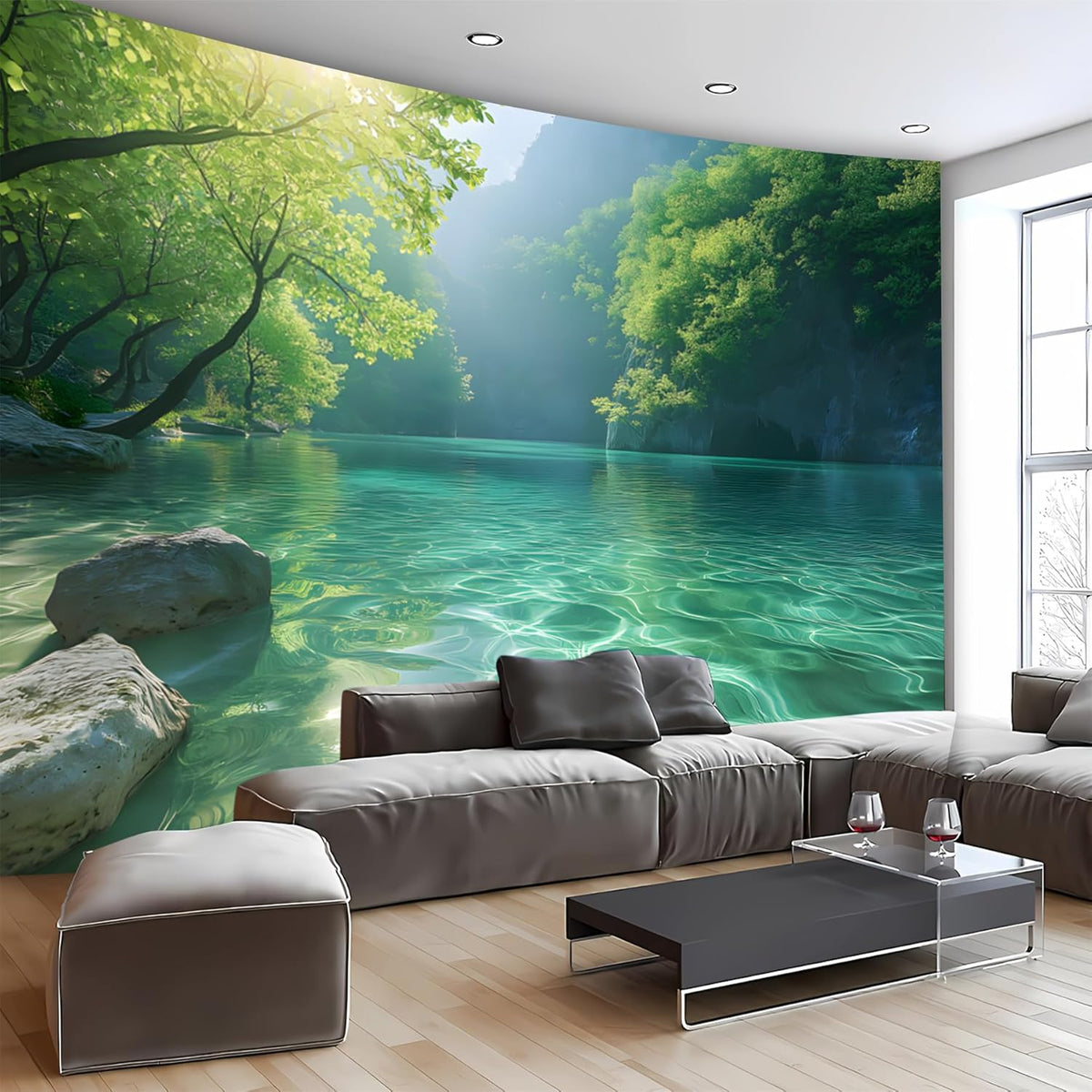 BSFHH Nature Tapestry Forest Tree Sea Cave Wall Hanging, Stream Through Rainforest Landscape Wall Art Tapestry for Bedroom Living room (Lake View, 110" × 87", Unframed)