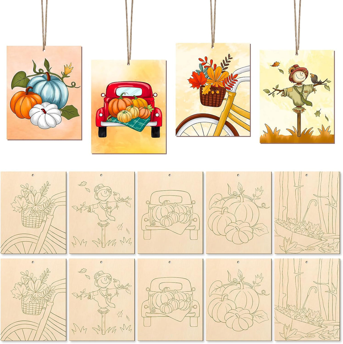 COCHIE 10PCS Large Fall Unfinished Wood Crafts to Paint for Adults Kids, Bulk Predrilled Wooden Ornaments for Painting, Pumpkin Scarecrow Maple Leaf Paintable Wood Slices Craft Supplies with Ropes