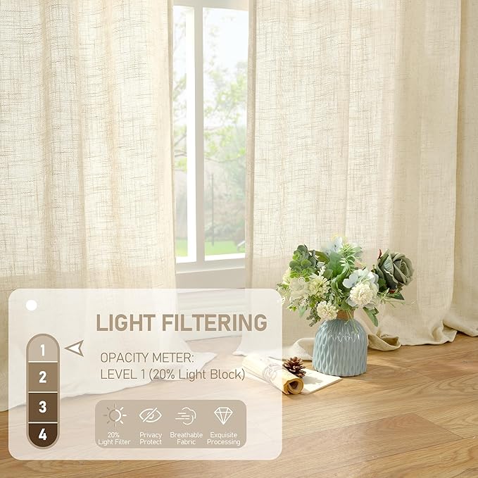 Linen Semi Sheer Curtains 96 inches Long 2 Panels Set, Floor to Ceiling Curtains - Image 4