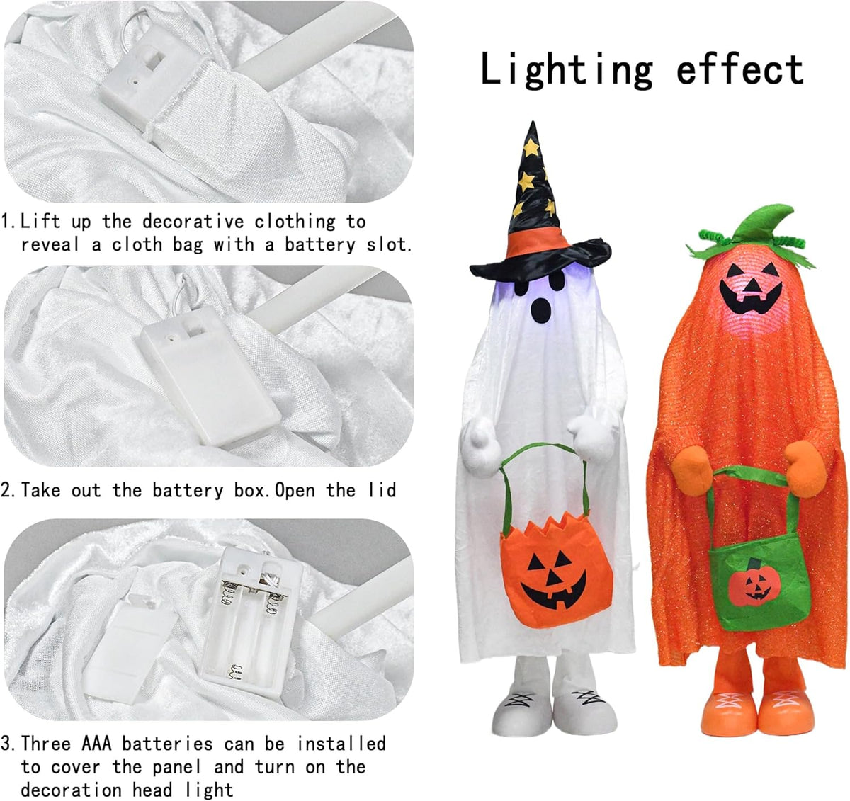 37" Front Porch Light up Halloween Ghost Figure Décor, Kit Standing Trick or Treat Indoor and Outdoor Decorations-Start