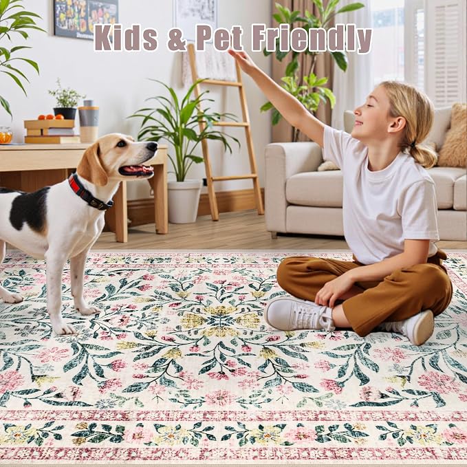 PLHXFR Area Rug Living Room: 5x7 Floral Washable Boho Carpet Pink Green | - Image 8
