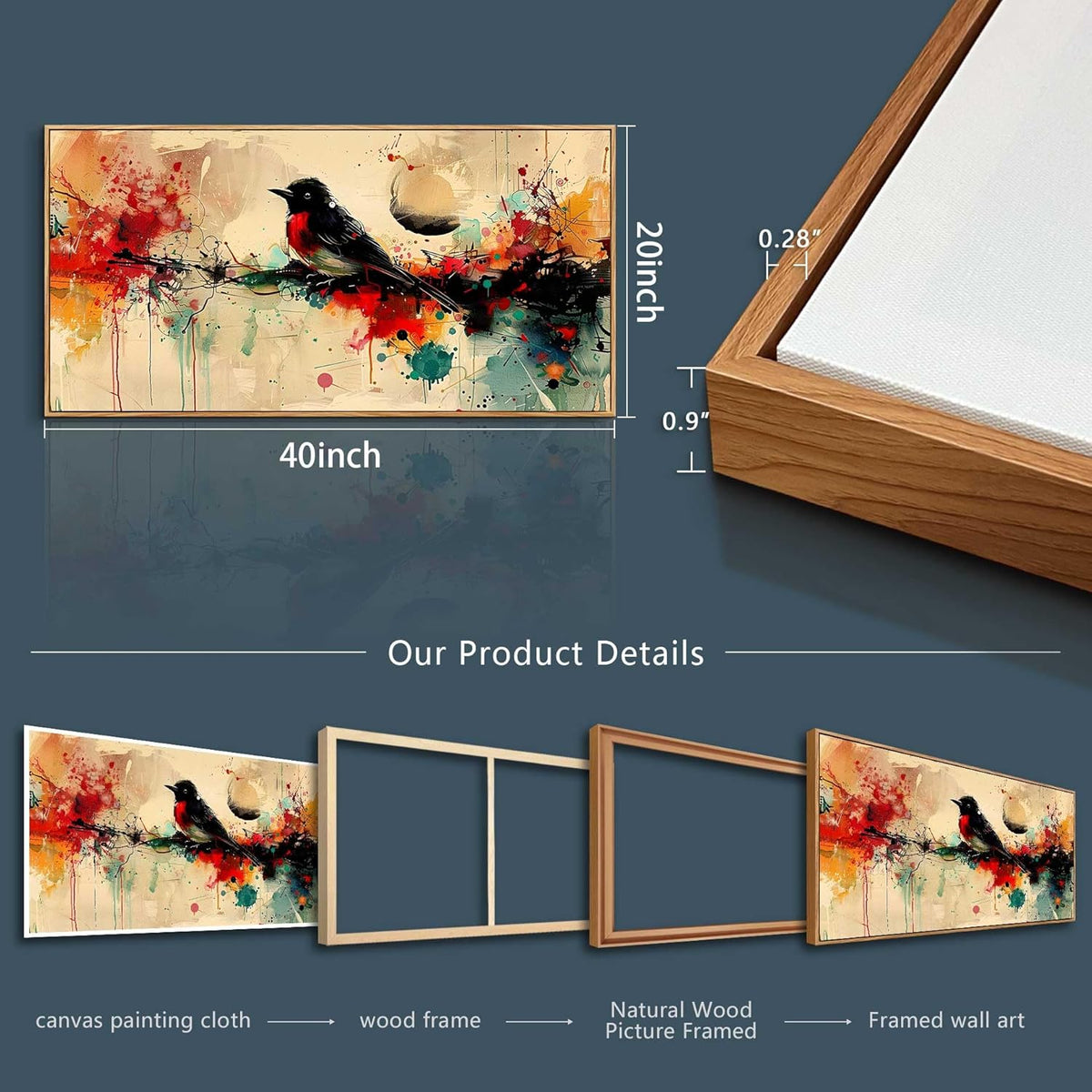 hyidecorart Wood Framed Wall Art For Living Room Wall Decor For Bedroom Office Home Wall Decor Pictures Posters Artwork Abstract Watercolor Bird Painting Hotel Canvas Art Modern Room Decoration