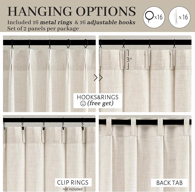 95 Inch Curtains 2 Panel Set for Sliding Door, Light Filtering Linen Pinch - Image 4