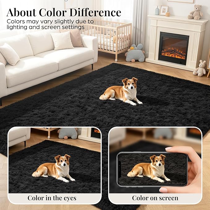 PLHXFR 5x7 Area Rugs Living Room: Fluffy Bedroom Rug Shag Carpet Black | - Image 7