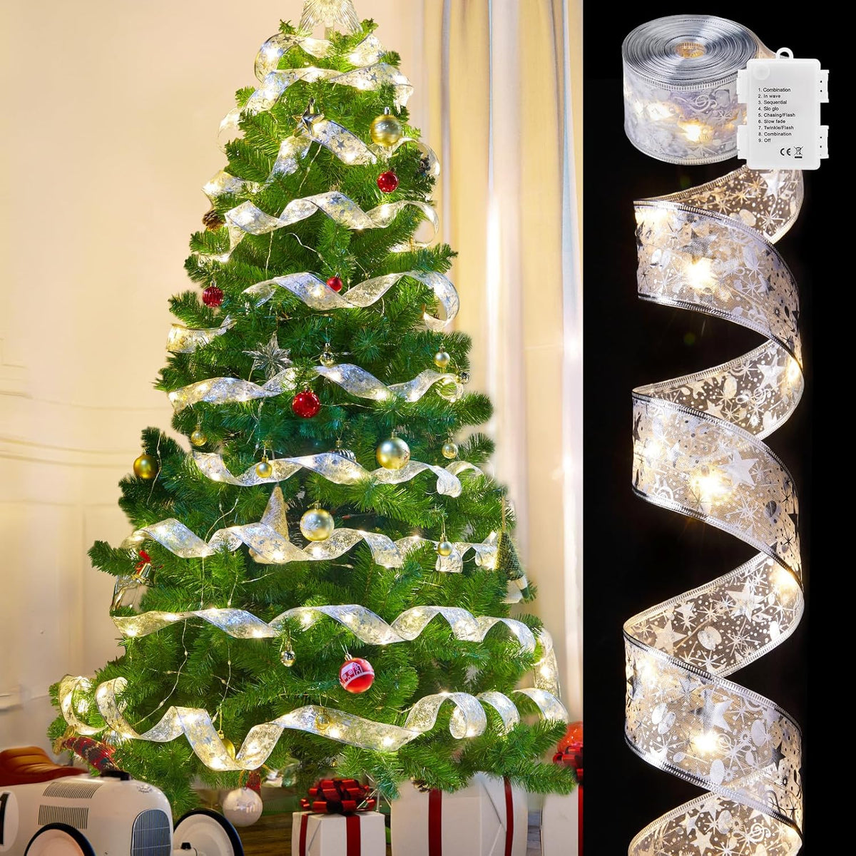 Minetom Christmas Tree Ribbon String Lights - 33ft 100 LED Battery Powered Fairy Lights with Timer