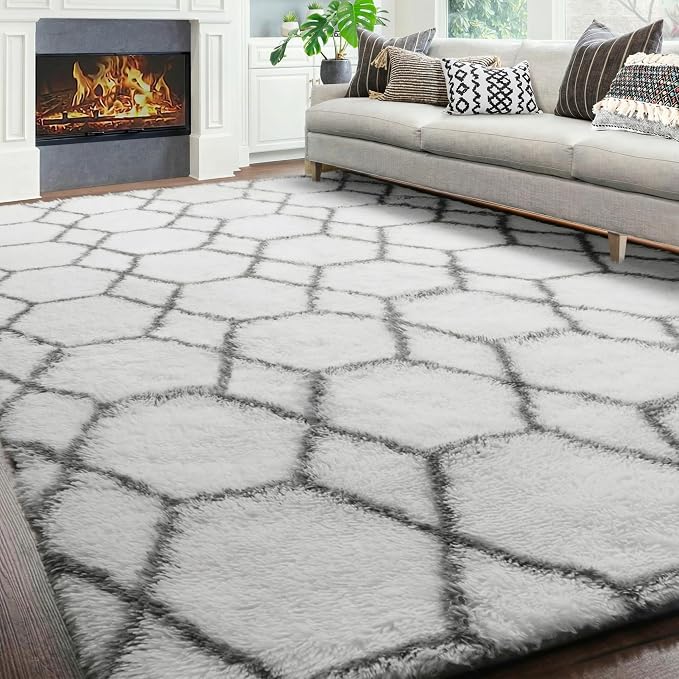 Area Rugs for Living Room, 5x8 Fluffy White and Grey Bedroom Geometric Rug | - Image 8