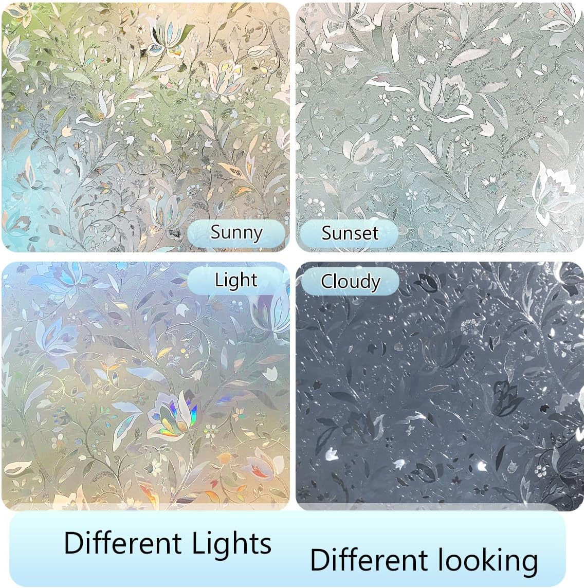 HIDBEA Window Privacy Film, 3D Stained Glass Static Cling - Sun Blocking Anti-UV Heat Control, Reusable Decorative Film for Home/Office Doors, Rainbow Tulip Design (23.6 in x 78.7 in)