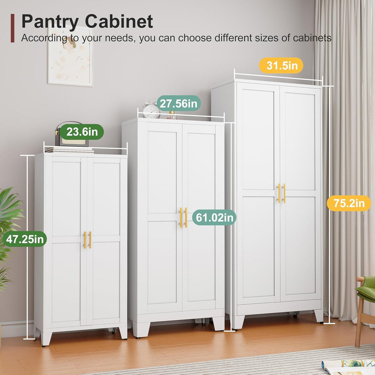 Metal Pantry Cabinet with 2 Doors and Adjustable Shelves, Kitchen Storage cabinets with Gold Handles, Versatile Storage for Laundry/Living Room,Bathroom,Dinning Room-White