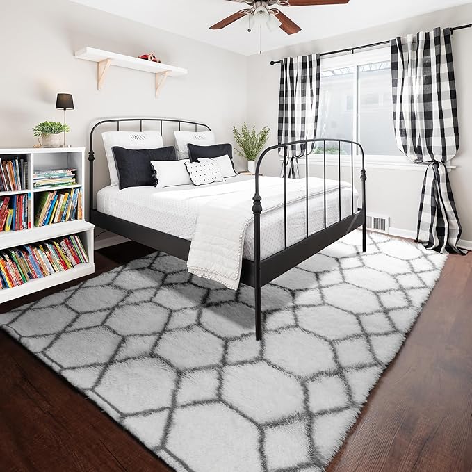 8x10 Area Rugs for Living Room, Fluffy White and Grey Geometric Bedroom Rug | - Image 6