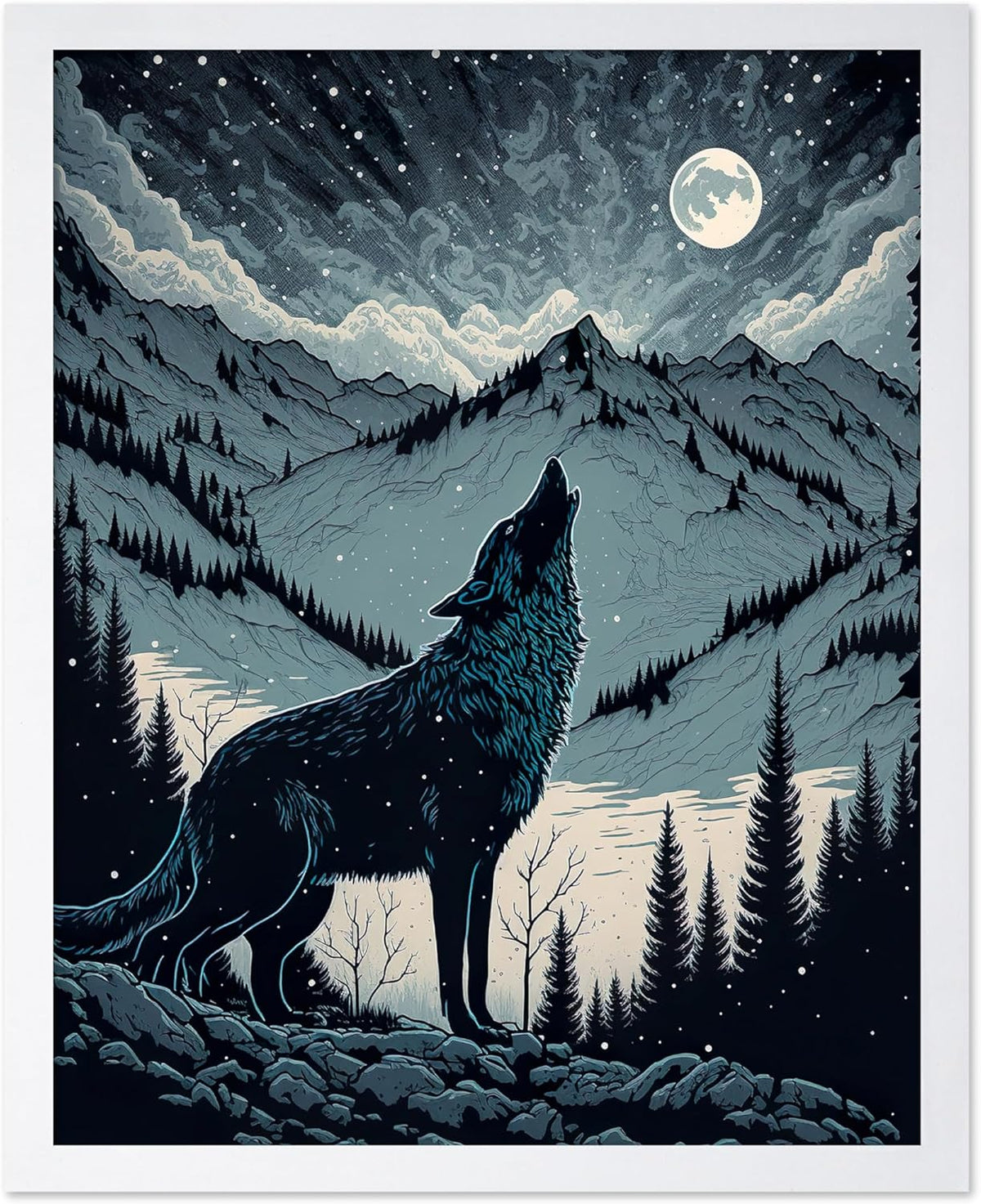 Poster Master Vintage Illustration Poster - Retro Animal Print - Gift for Artist, Friend - Wolf Howling at the Moon, Mountain, Snow, Landscape - Wall Decor for Home, Office, 11x14 White Framed