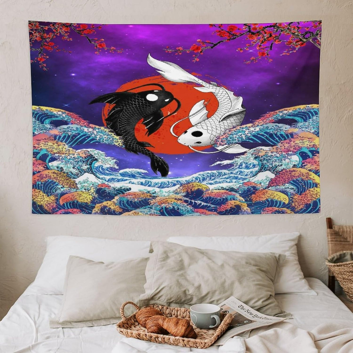 Houselerax Japanese Koi Fish Tapestry, Yin Yang Big Wave Cherry Blossom Tapestries Wall Hanging for Bedroom Living Room Office Decor 60"x40"
