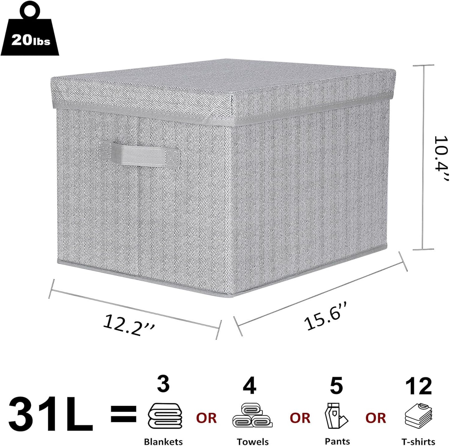 WUIKE 3 Pack Extra Large Foldable Storage Bins with Lids, Fabric Storage Bins for Home and Closet Organization, Herringbone Gray