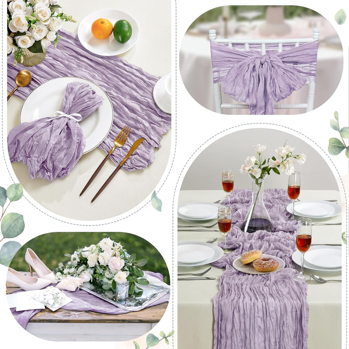 6 Pack Purple Cheesecloth Table Runner 10FT Long Boho Gauze Table Runner Rustic Sheer Runner for Wedding Bridal Baby Shower Birthday Party Table Decor Thanksgiving Christmas Decorations