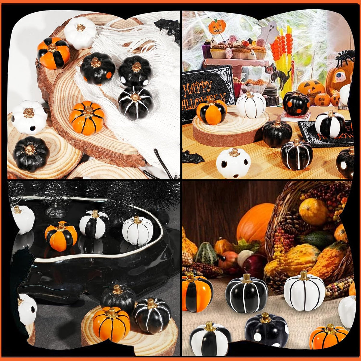 Rileryan 20 PCS Halloween Mini Resin Pumpkin Figurines Black White Orange Tiny Pumpkins Halloween Miniatures Village Decor Tabletop Centerpiece Mantel Kitchen Home Decoration