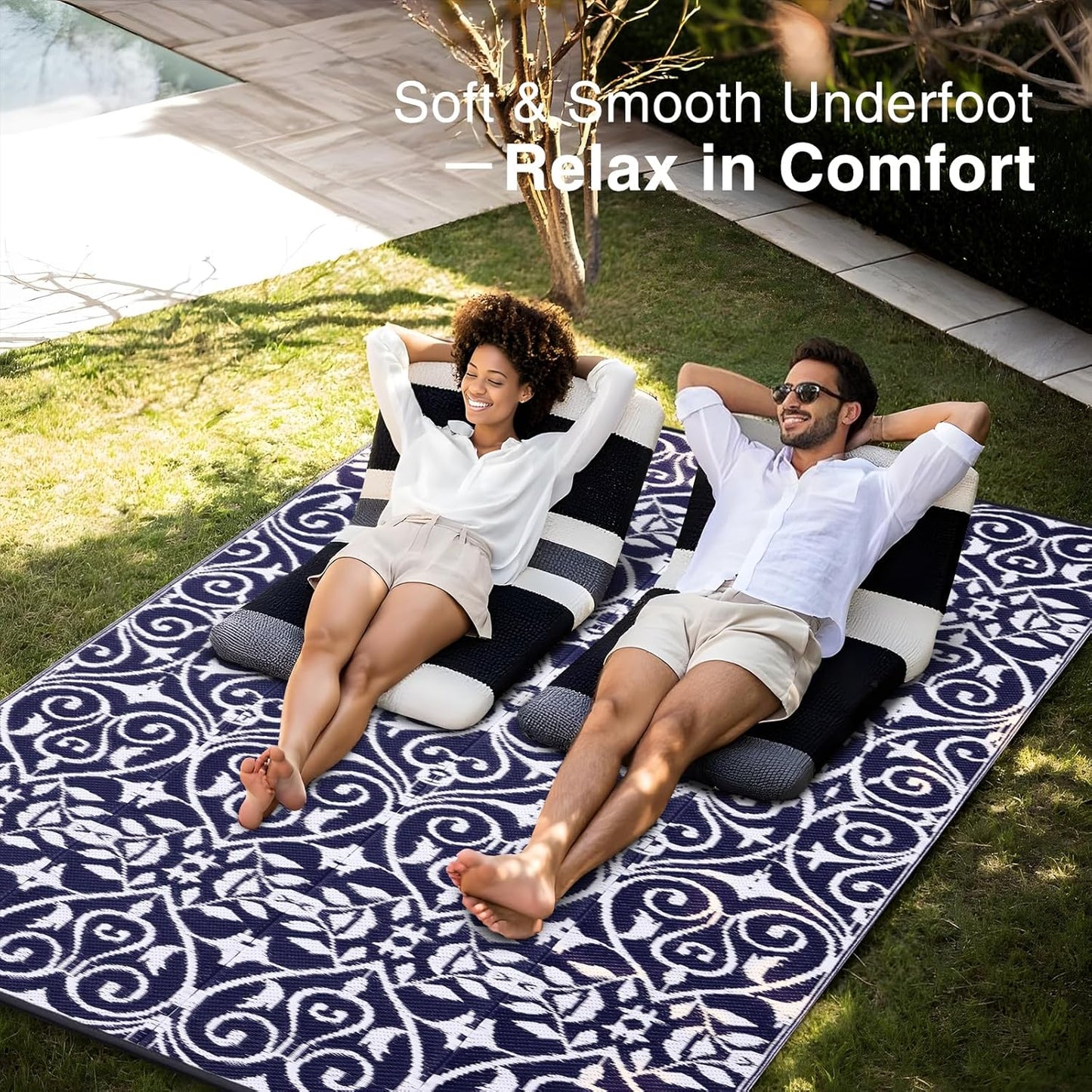 OLANLY Outdoor Rug Waterproof 9x12 ft Clearance, Reversible Outdoor Plastic Straw Rug with Floral Pattern, RV Mat for Patio, Camping, Balcony, Deck, Backyard, Navy & White