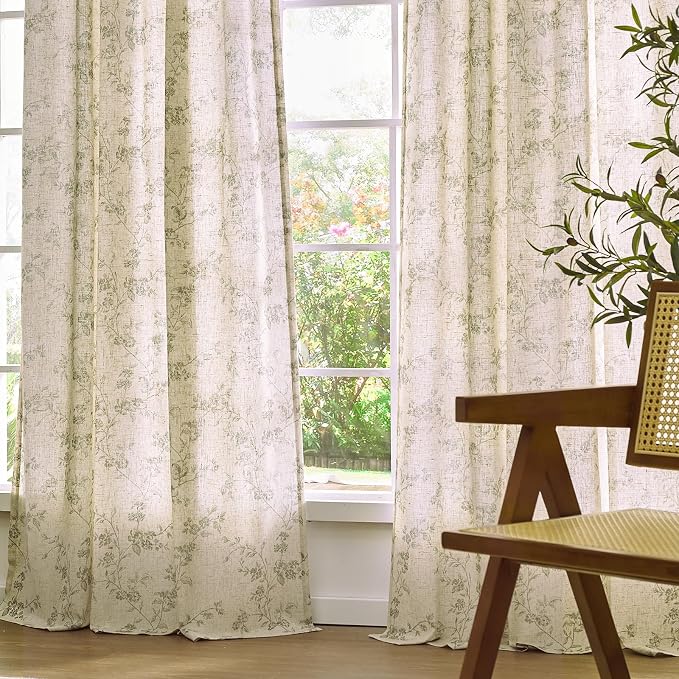 Green Vintage Floral Linen Curtains Farmhouse 50W X 96L 2 Panels | Elisa Series - Image 7