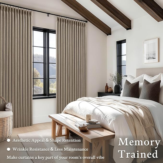 Deep Flax Greige Pleated Blackout Curtains 96 Inches Long 2 Panels | Room - Image 6