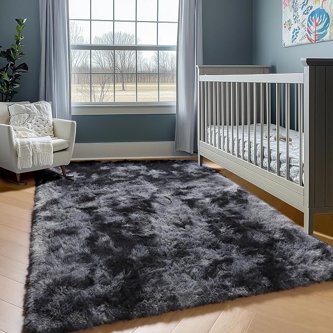 6x9 Area Rugs for Living Room Bedroom, Tie-Dyed Dark Grey Large Fluffy Bedside - Image 7