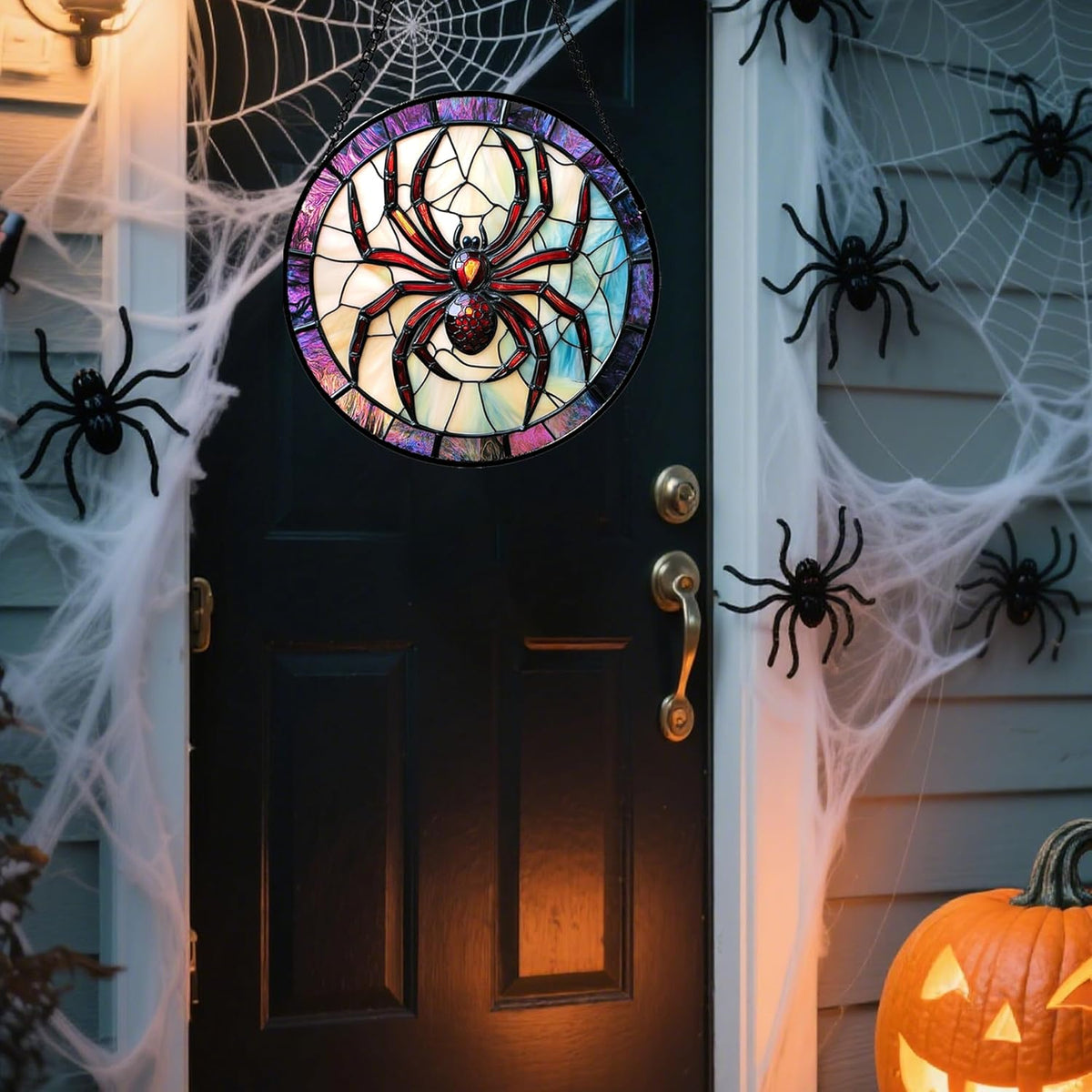 Stained Glass Window Hanging - Halloween Decorations Red Spider Goth Suncatcher for Doors Garden Indoor Funny Spooky Sun Catchers Gothic Decor Horror Gifts for Women Men Friend 6.3 in