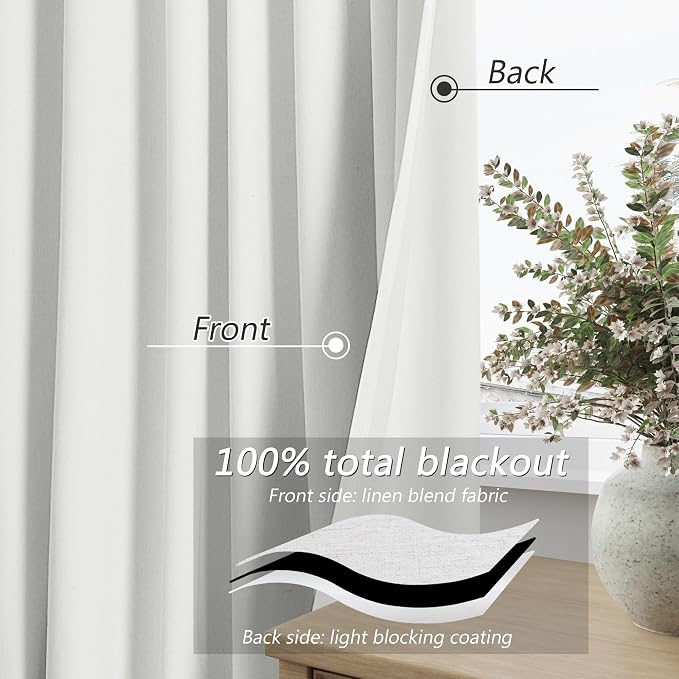 White 100% Blackout Linen Curtains 52 Inch Wide by 64 Inch - Image 3