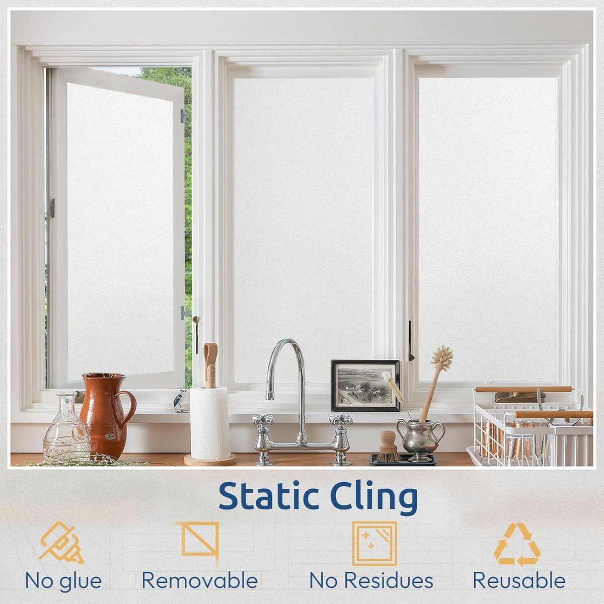rabbitgoo Window Privacy Film, Non-Adhesive Frosted Glass Window Film for Bathroom, Static Cling Heat Blocking Stickers for Home Indoor Opaque Frosting Coverings House Tint, Matte White 35.4" x 196.8"