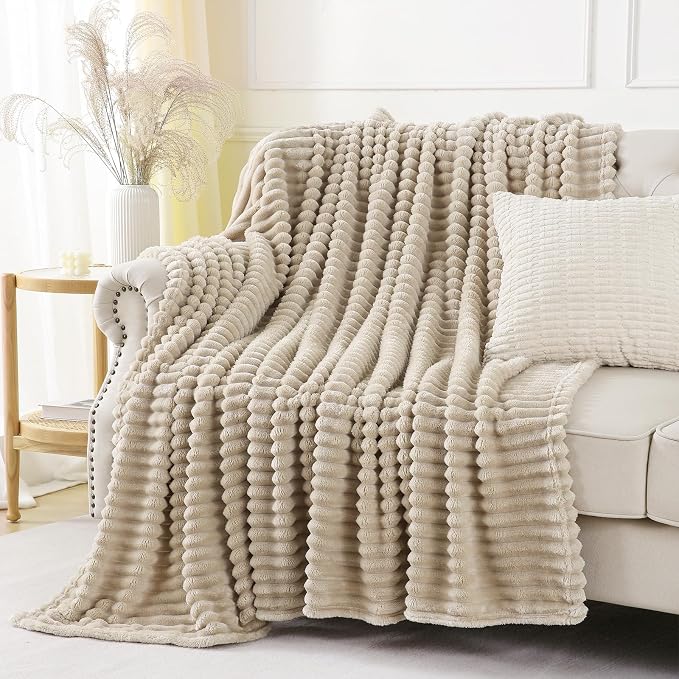 Khaki Throw Blanket for Couch Sofa 90x90 inches Striped Design | Fleece - Image 4