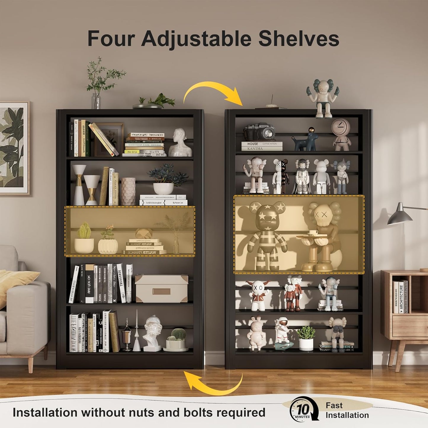 Large Metal Bookcase, 69” Modular Bookshelf with Storage, 5 Tier Bookcase with Adjustable Shelves, Extra Tall Book Shelves, Modern Book Case for Library, Office, Entryway, Living Room（Black）