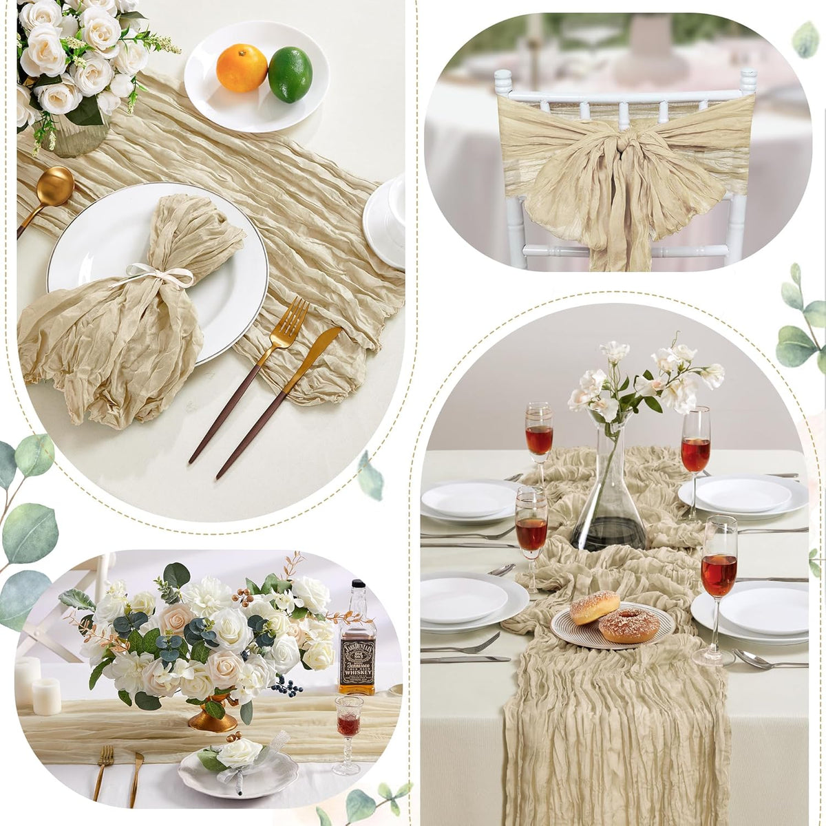 Cheesecloth Table Runner 10FT Long Boho Gauze Table Runner Rustic Sheer Runner for Wedding Bridal Baby Shower Birthday Party Table Decor Thanksgiving Christmas (Beige, 6 Pack)
