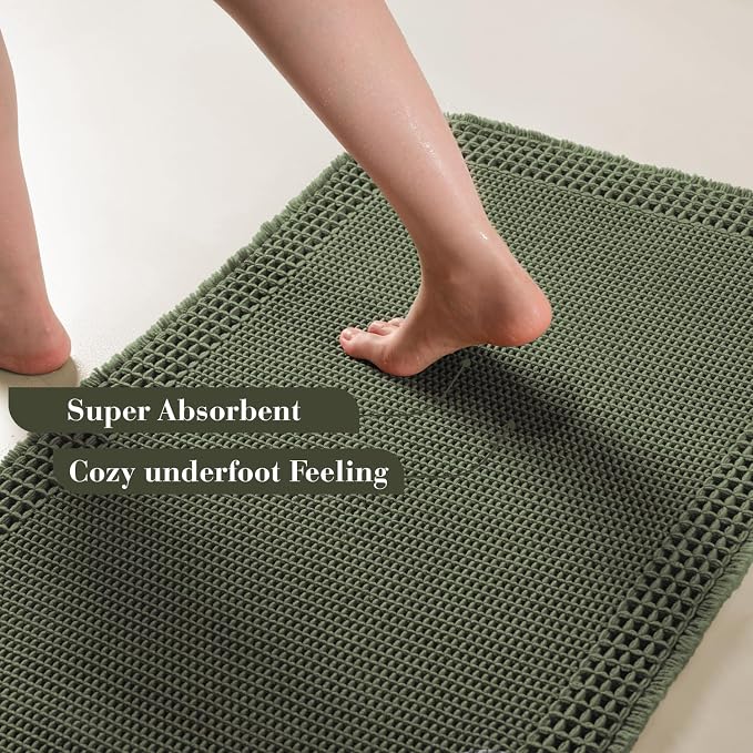 RESARE Waffle Bathroom Runner Rugs, Non Slip Boho Bath Mat 24"x48" Green | Long - Image 3
