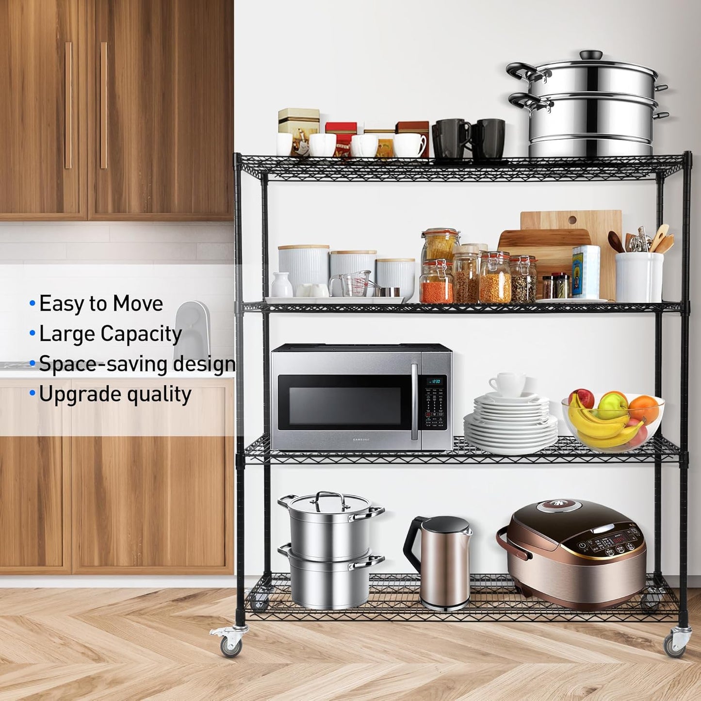 Rengue 4-Tier Wire Shelving with Wheels, 60"x 24"x72" Metal Storage Shelves, Heavy Duty Garage Storage Shelves, Chrome 2400LBS Capacity Wire Shelf Rack for Restaurant, Garage, Pantry, Black