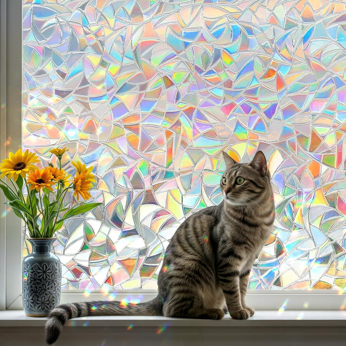 DUOFIRE Window Privacy Film, Rainbow Window Clings for Glass Windows, Stained Glass Film Decorative, 3D Decals Cover, Suncatcher Static Cling Sticker for Home, 23.6 x 78.7 inch