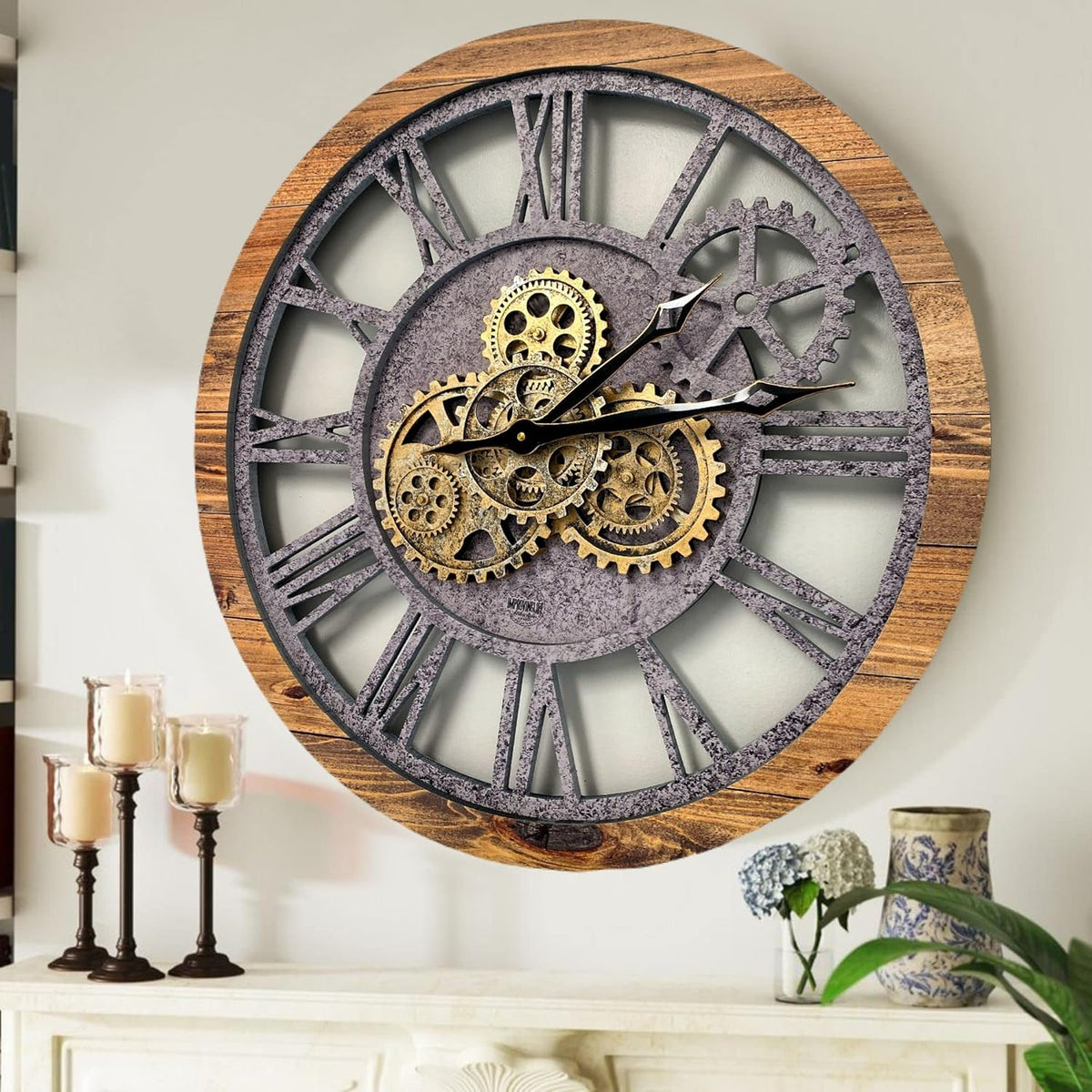 The Gears Clock The Original Real Moving Gear Wall Clock Vintage Industrial Oversized Rustic Farmhouse (24 inch (60cm),Wood&Stone)