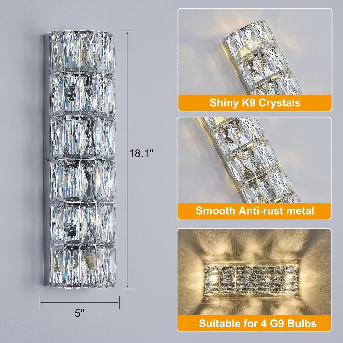 6 Layer Chrome Crystal Wall Sconce, Modern Wall Lamp Light Fixture for Bathroom Vanity, Stairway, Kitchen, Living Room, Bedroom, Hallway