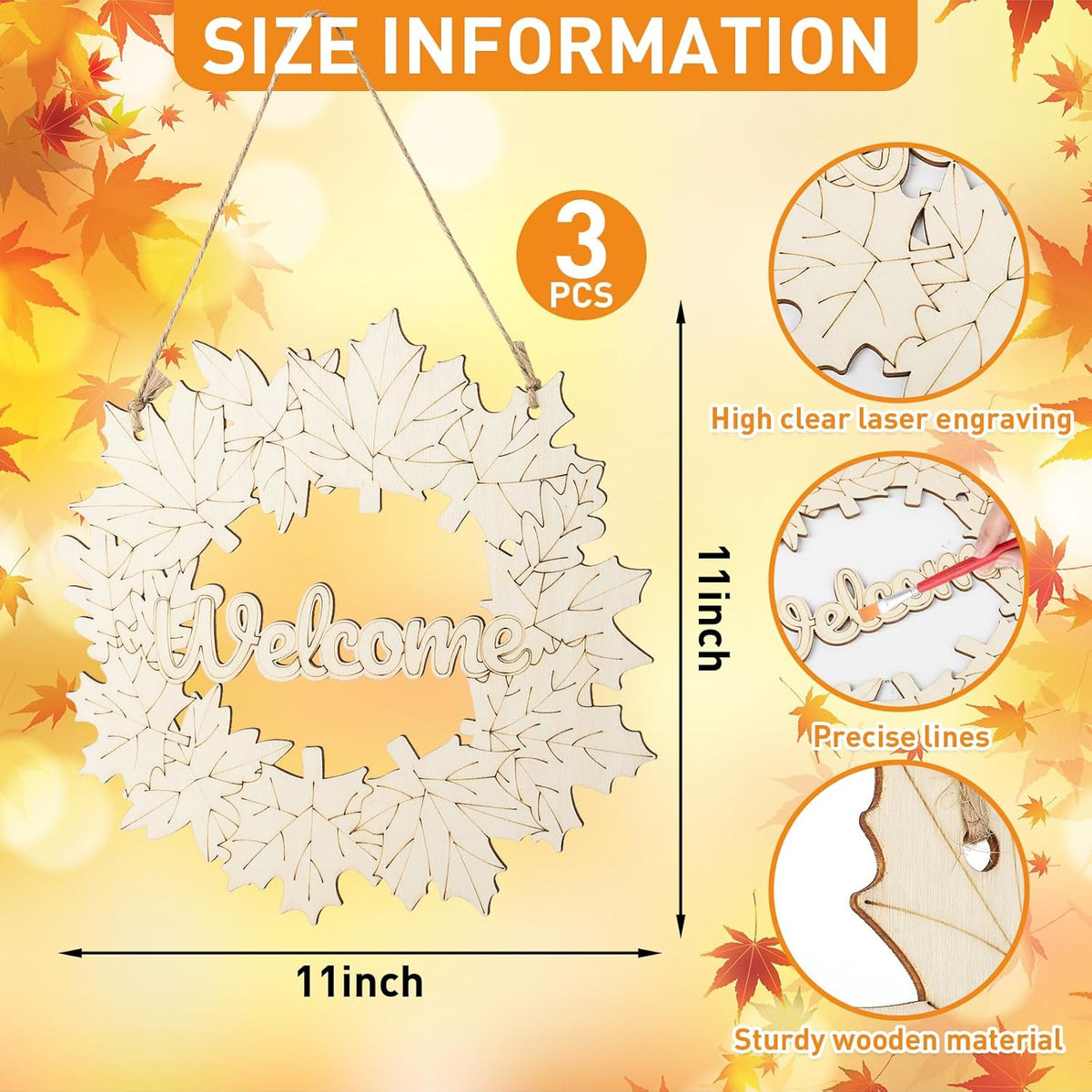 Unfinished Fall Wreaths Wood Crafts to Paint Set of 3, 11" Bulk Fall Leaves Wreath Ornaments for Painting, Unfinished Wood Cutouts DIY Ornaments for Front Door with Ropes (Maple)