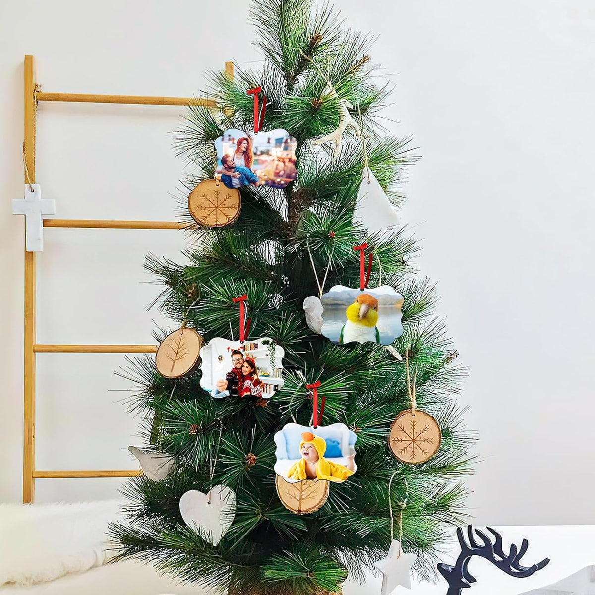 4 Pack Personalized Christmas Ornaments 2025 Wood Custom Photo Text Hanging Ornament for Christmas Tree Decorations, First Christmas Engaged/Married, New Home, Baby's First Christmas, Memorial