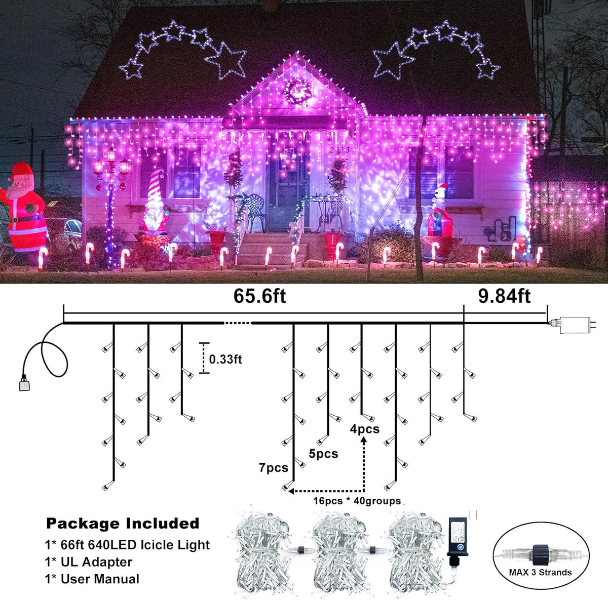 Icicle Christmas Lights Outdoor, 66FT 640 LED Icicle Lights for Outside with 8 Modes Timers, Waterproof Plug in Twinkle String Light for House Yard Eave Garden Party Holiday Decorations, Pink
