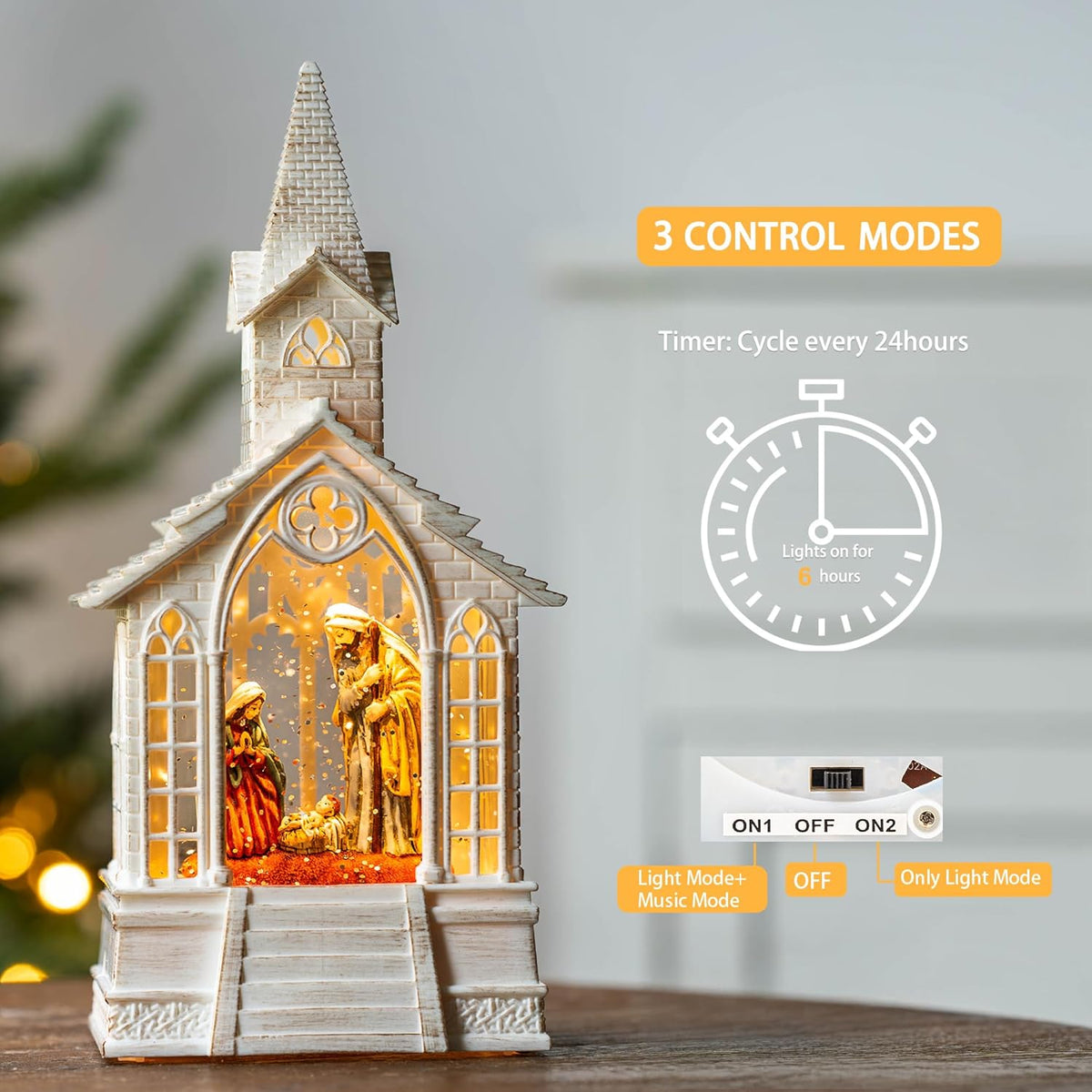 Christmas Snow Globe Lantern Musical Holy Family Lighted Water Church, USB Lined/Battery Operated Lighted Lantern for Christmas Festival Decoration Gifts