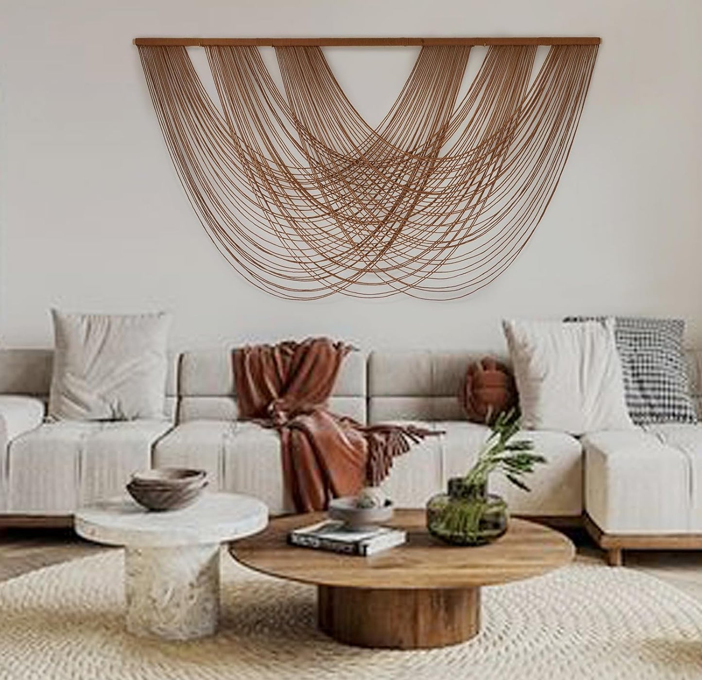 Large Macrame Wall Hanging Brown Die-Dyed 59.00" W x 31.00" L Boho Wall Decor Yarn Tapestry Craftsmanship Home Macrame Wall Decor