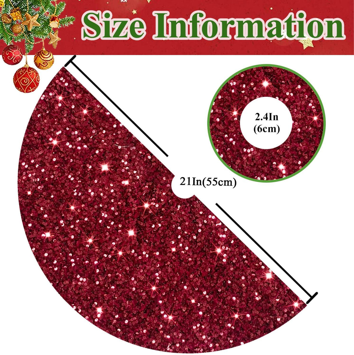 MODFUNS Burgundy Merry Christmas Tree Skirt 21 Inch Sequins Christmas Tree Cover Round Small Xmas Tree Skirt Classic Glittery Tree Base Carpet for Christmas Halloween Birthday Party Banquet Decoration