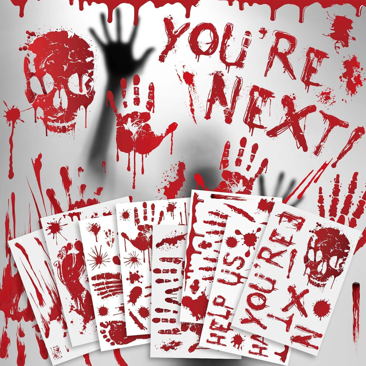 PartyGarden Halloween Decorations - 8 Sheet 86 Pcs Halloween Bloody Handprint Footprint Window Clings Wall Decal Floor Stickers for Inside Outside Home Door Scary Party Décor