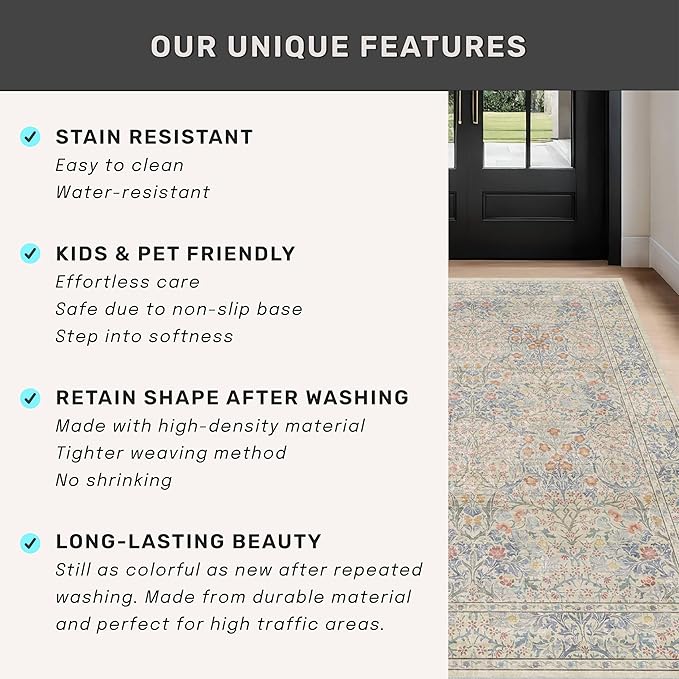 Washable Beige Blue 5x8 Area Rug - Image 7