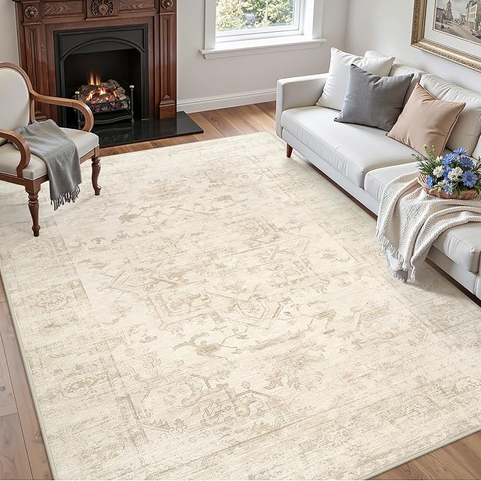 3x5 Area Rugs Living Room: Bedroom Washable Carpet Beige/Brown | Large Vintage - Image 3