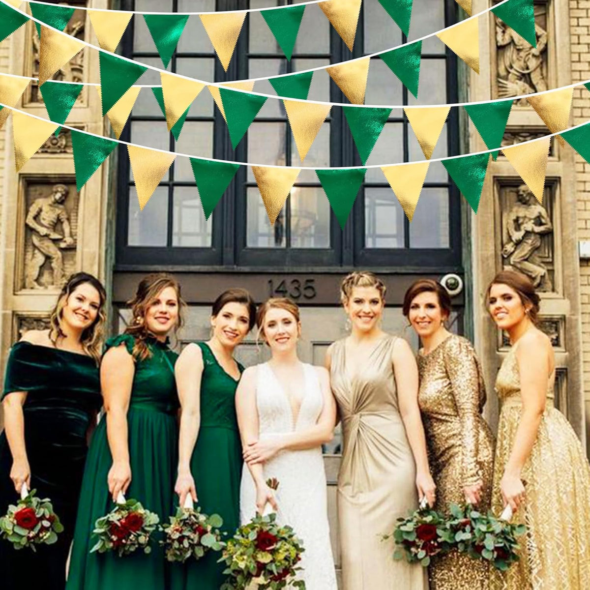 Green Gold Party Decorations Metallic Fabric Triangle Pennant Banner Flag Bunting Garland for Graduations Birthday Retirement Wedding Baby Shower Spring Summer Master Golf Theme Outdoor Party Supplies