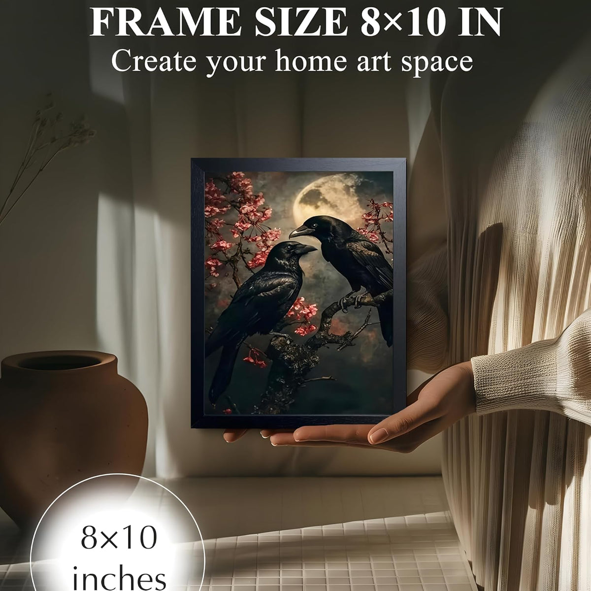 Black Wood Framed Halloween Canvas Wall Art Painting, Vintage Black Crow Cherry Blossom Wall Decor Picture, Dark Academia Gothic Poster Print Photo for Living Room Bedroom Office Decor 8x10 Inch