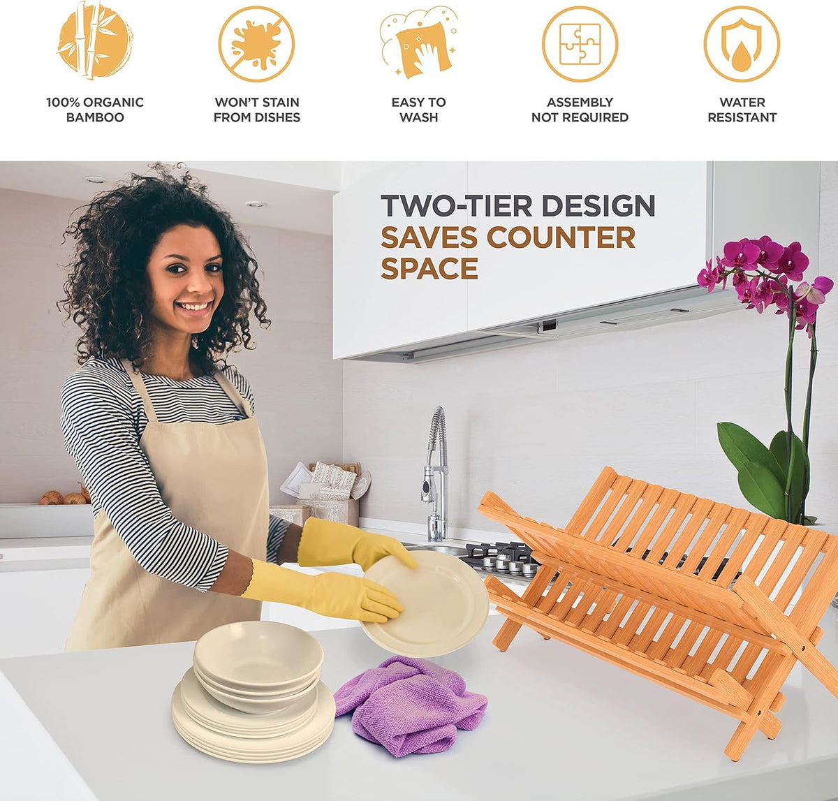 BAMBUSI Dish Drying Rack - Collapsible 2-Tier Bamboo Dish Rack for Kitchen Counter, Wooden Dish Drainer with Foldable Space-Saving Design - Drying Rack for Dishes, Plates, and Cups - Housewarming Gift
