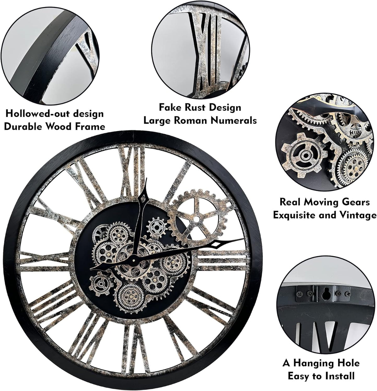 The B-Style 36" Large Moving Gear Wall Clock Oversized Vintage Farmhouse Wall Clocks for Living Room Decor Rustic Industrial Wood Clock (Black and Bronze)