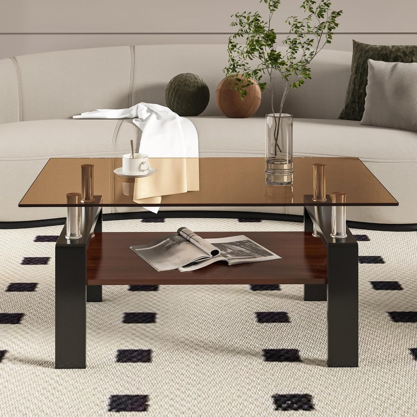 39" Brown Glass Coffee Table Walnut Modern Living Room Center Table Rectangle, with Wooden MDF Storage Layer, Black Metal Leg, for Small Apartment and Office, Brown
